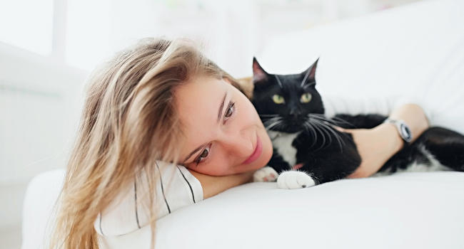 Cat cuddling owner on bed